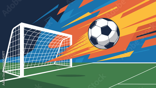 Konstfotografi Soccer ball approaching a goalpost with dynamic orange and blue vector illustrat