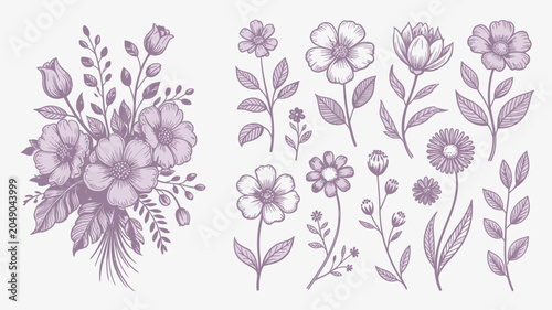 Obraz na plátně Floral ornament illustration in lavender tones showcases detailed botanical draw