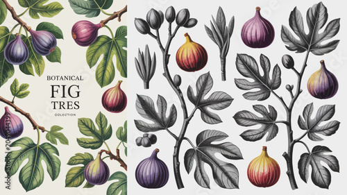 Bild auf Leinwand Botanical fig trees illustration showcases detailed depictions of fruit and foli