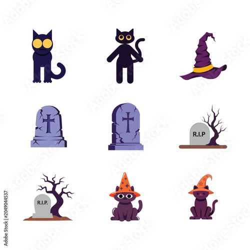 Set of halloween graveyard and spooky objects including tombstones ghosts and cats for holiday design bundle