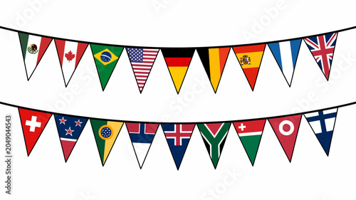 Foto International pennant bunting displays a collection of national flags on a white