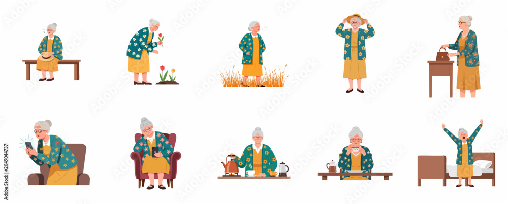 Fototapeta premium Senior Woman Daily Lifestyle Activities and Routine Vector Illustration Set