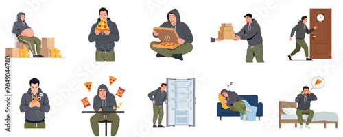 Obraz na plátně Set of illustrations depicting a man with an unhealthy lifestyle, junk food addiction, binge eating, and sedentary habits