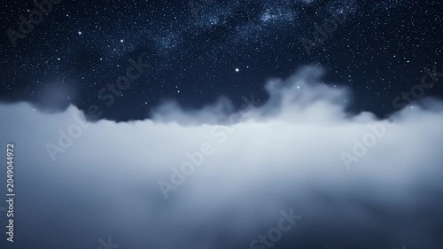 White clouds resting on floor under starry sky.