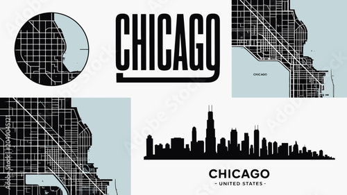 Obraz na plátně Chicago city maps and skyline illustration in black and white showcasing urban p