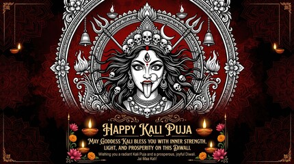Dark Fantasy Kali Puja Celebration with Ornate Decorative Frame and Fierce Goddess Portrait