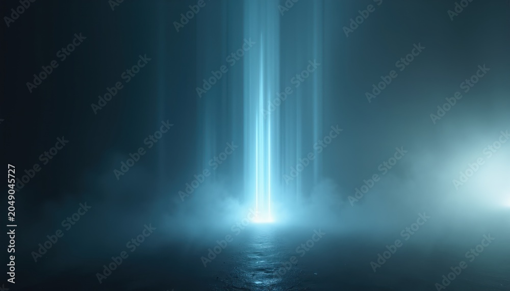 Obraz premium Abstract blue light beams emerge from misty ground. Light rays ascend into darkness, creating mysterious atmosphere. Dark backdrop with glowing vertical lines.