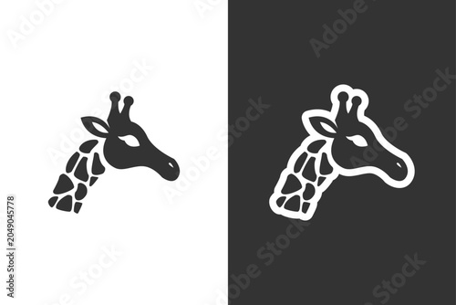 Photography A minimalist graphic icon of a giraffes head, presented in both black on white a