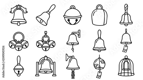 Variety of bells line art icons set