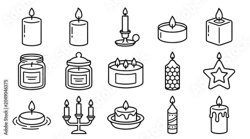 Set of diverse burning candles line icons