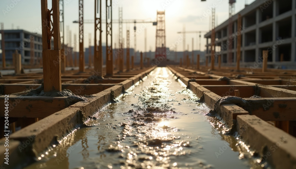 Obraz premium Sunlight hits wet concrete in wooden forms on a construction site. Cranes and building shells rise in background. Evening light on new foundation. Progress, development.