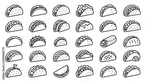 Taco line icon set. Mexican food, tortilla, folded taco shell, meat, cheese, vegetable filling outline vector illustrations. Symbols for restaurant menus on white background.