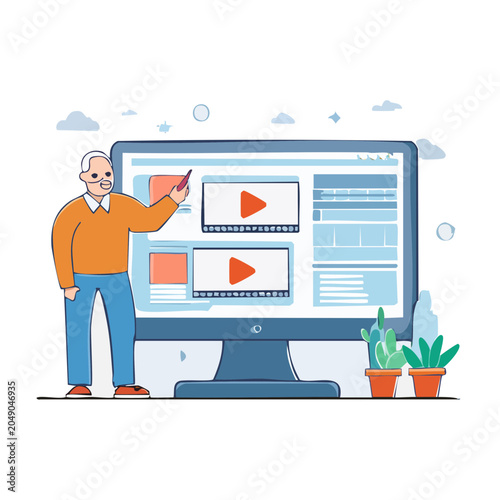Man presenting online video content on a computer screen