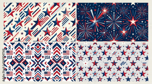 Collection of American patriotic seamless patterns featuring stars stripes and fireworks in red white and blue for festive backgrounds and designs