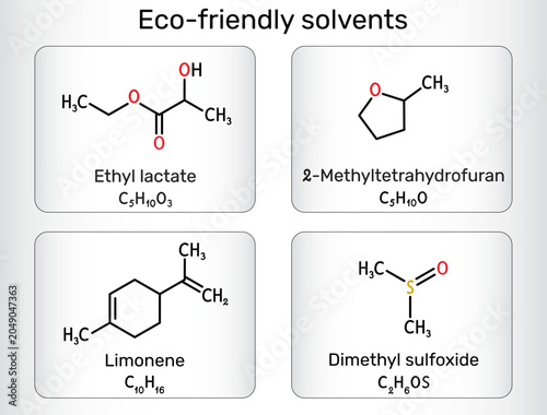 Konstfotografi Green eco-solvents molecules of ethyl lactate, dimethyl sulfoxide (DMSO), limone