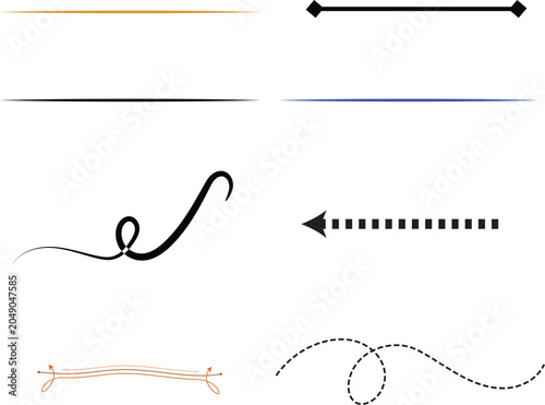 Set of Decorative Lines and Arrows: A collection of elegant graphic elements featuring straight lines, a curly flourish, and dotted arrows, perfect for adding emphasis and style to designs.