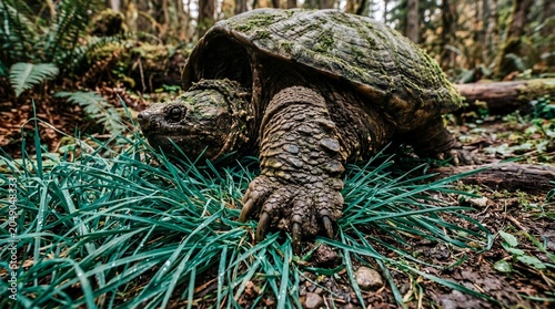 Ancient Tortoise Walking Through Mossy Forest Floor