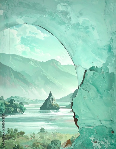 Scenic vista through a broken arch, featuring mountains and a lake