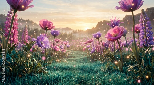 Magical Wildflower Meadow at Sunrise with Glowing Butterflies