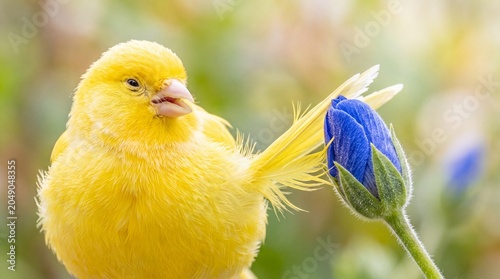 Yellow Songbird Touching Blue Flower in Soft Spring Garden
