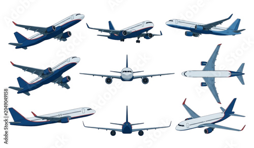 Tableau sur toile Passenger Jet Aircraft Perspectives Collection Aviation Vector Illustration Set