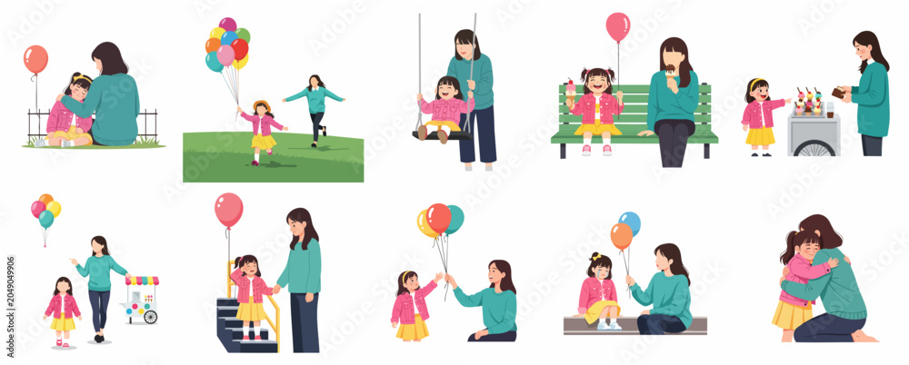 Fototapeta premium Mother and Daughter Bonding Illustration Set, Happy Family Activities, Parenting Moments, Childhood Memories, and Emotional Support Flat Vector Graphic