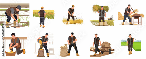 Fotografía Set of Asian farmer characters working in rice field, planting, harvesting and p