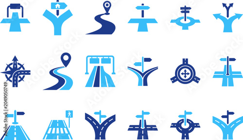 Foto Collection of blue road junction and navigation signs for travel and route planning