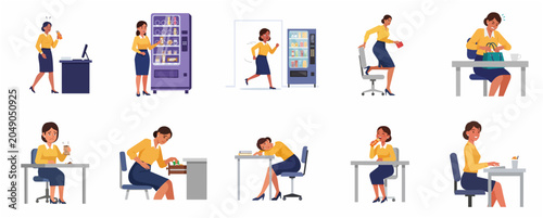 Bild auf Leinwand Businesswoman Character Set Experiencing Hunger and Snacking at the Office