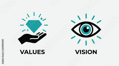 Business vision and values icons with hand holding diamond and eye Vector