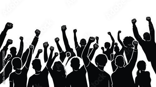 A black silhouette vector illustration of a diverse crowd of people raising fists in protest