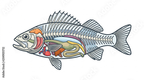 Detailed illustration of a fish anatomy and skeleton internal organs.
