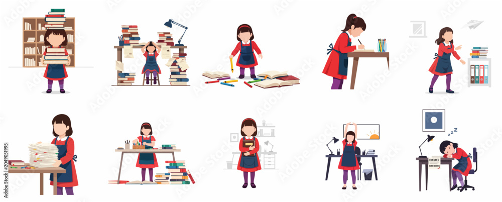 Fototapeta premium Collection of a young schoolgirl student characters in various study situations, reading, writing, feeling stressed, and sleeping at the desk, flat vector illustration