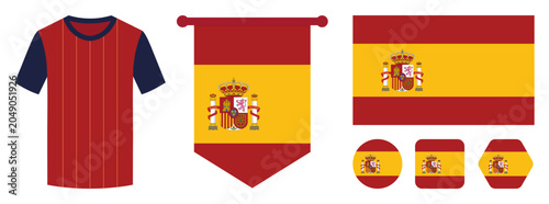 Spain Football Jersey, National Flag, Pennant Banner, Badge and Flag Icons Vector Set Isolated on White Background.