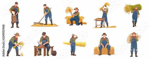Foto Set of farmer characters harvesting and processing rice grain, traditional agric