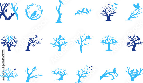 Fotografía Avian and arboreal icons depicting birds perched on and flying from trees and branches in natural settings