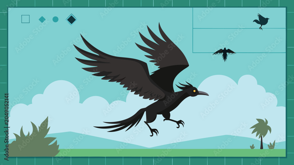 Obraz premium Raven bird in flight over a stylized landscape during daytime with graphic elements