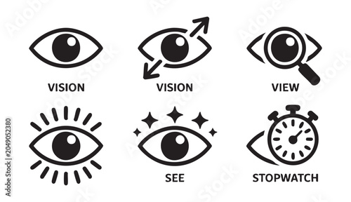 Cuadro en lienzo Six black eye icons representing vision, view, and seeing with text labels