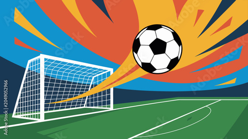 Tableau sur toile Soccer ball and goalpost illustration with vibrant orange and blue stylized back