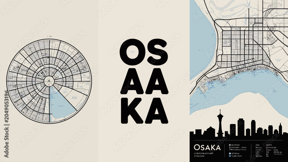 Fototapeta premium Osaka city map illustration with circular diagram and urban skyline a graphic representation japan cityscape chart grid pattern street network