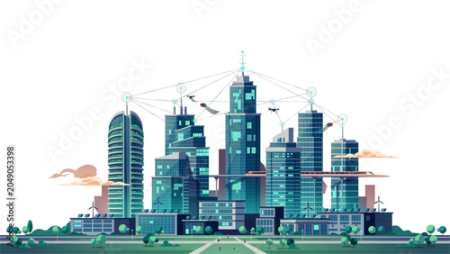 Modern city skyline illustration with construction cranes and buildings Vector