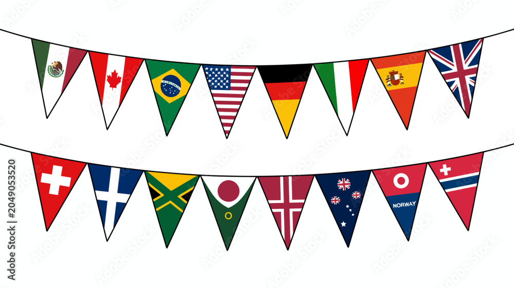 Obraz premium Two strings of triangular pennants displaying various national flags against a white background bunting festive celebration international global country mexico
