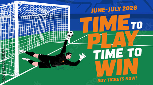 Foto Soccer goalkeeper diving for a save illustration with text and a green field bac