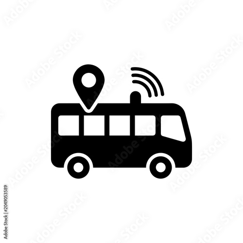 Foto Smart connected bus glyph icon with location pin and wireless signal, location