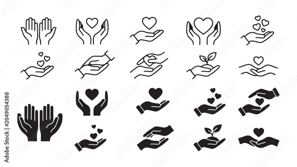 Obraz premium Set of Hand and Heart Icons for Charity and Care Concepts