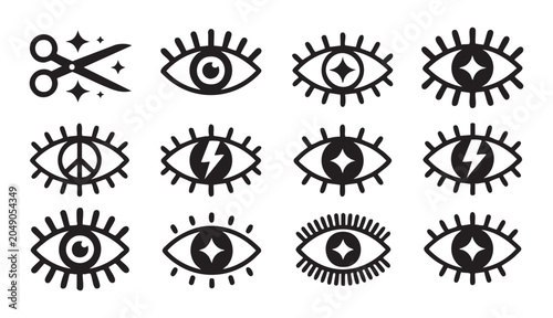 Photos Bold eye graphics with decorative lashes and unique inner symbols including scissors and stars set