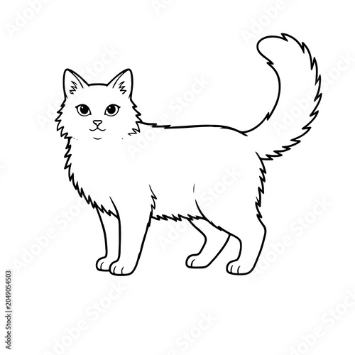 Cute fluffy cat standing with tail up line art illustration
