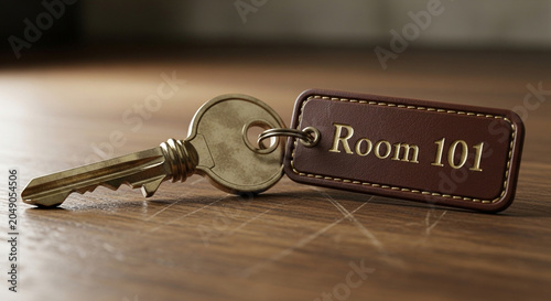 Close-up of classic metal key with Room 101 leather tag on wooden surface
