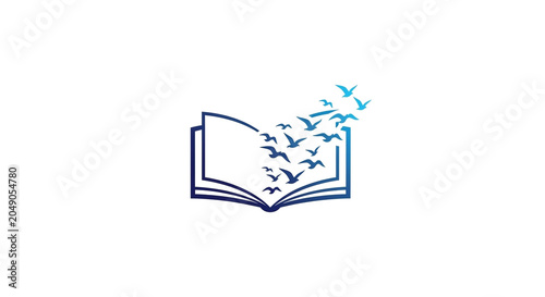 Minimalist book logo with flying birds emerging from pages