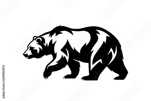 Black and white silhouette of a walking grizzly bear animal